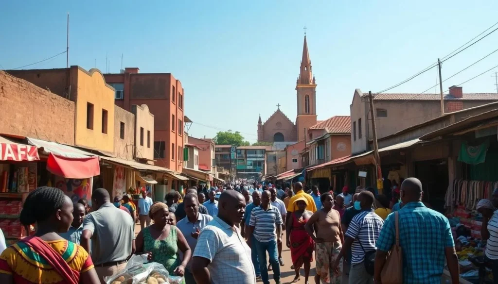 A bustling street in Mbuji-Mayi, Democratic Republic of the Congo, lined with vibrant market stalls and local shops. In the foreground, a group of people haggling over goods, their lively conversations echoing through the air. In the middle ground, traditional mud-brick buildings intermixed with modern structures, their colorful facades reflecting the sun's warm glow. The background features a towering cathedral, its spires reaching towards the cloudless azure sky. The scene exudes a sense of cultural richness and the energy of a thriving community, inviting the viewer to explore the practical tips for visiting this captivating city.