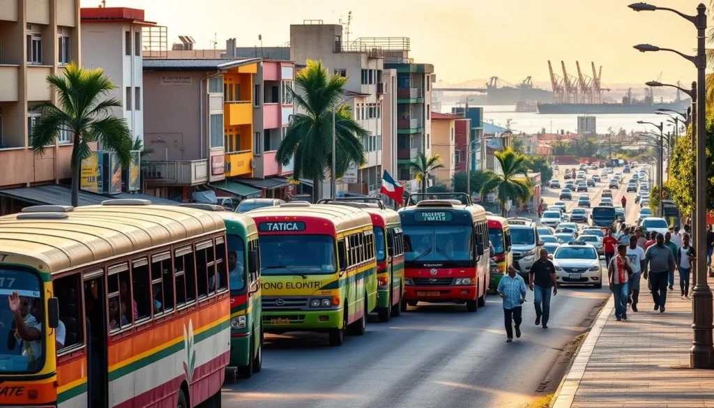 A bustling street in Pointe-Noire, Congo, bathed in warm afternoon sunlight. Colorful local buses and taxis line the curb, their drivers waving to potential passengers. In the foreground, pedestrians navigate the sidewalk, some carrying parcels, others conversing animatedly. The middle ground features a mix of modern buildings and traditional African architecture, creating a vibrant urban landscape. In the background, a distant harbor scene with ships and cranes hints at the city's role as a major port. The atmosphere is one of energy and activity, showcasing the safe and efficient transportation options available to residents and visitors exploring Pointe-Noire.