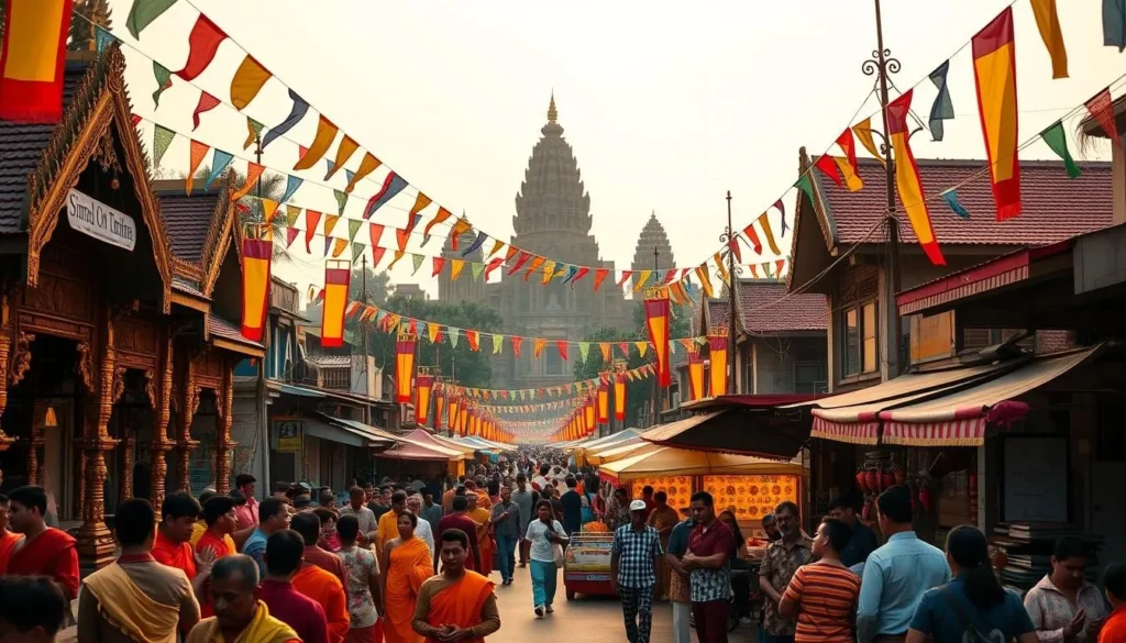 A bustling street in Siem Reap, Cambodia, adorned with colorful Buddhist flags and banners. In the foreground, worshippers in vibrant robes gather around an ornate temple, their hands clasped in prayer. The middle ground features a lively market, with vendors selling traditional Khmer handicrafts and delicacies. In the background, the magnificent Angkor Wat towers over the scene, its ancient stone silhouetted against a warm, golden sky. Soft, diffused lighting casts a serene, reverent atmosphere over the celebrations. Capture the rich cultural heritage and spiritual essence of this Buddhist celebration in Siem Reap.