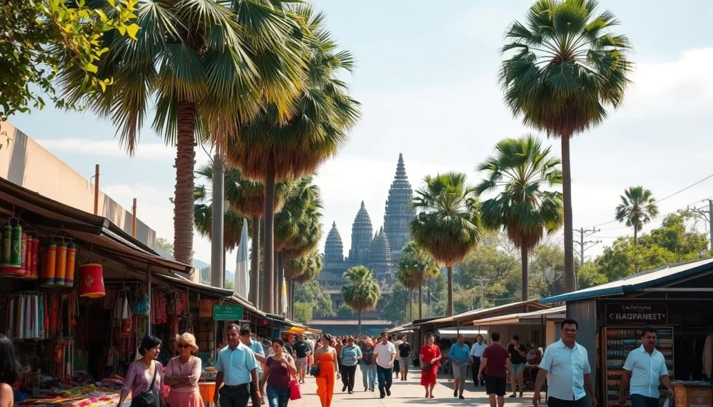 A bustling street in Siem Reap, Cambodia, on a sunny day. In the foreground, locals sell vibrant handicrafts and traditional wares from colorful stalls. Pedestrians stroll along the sidewalk, taking in the lively atmosphere. In the middle ground, towering palm trees sway gently in the breeze, casting dappled shadows. In the background, the iconic Angkor Wat temple complex rises majestically, its intricate stone carvings and spires silhouetted against a bright, cloudless sky. The scene exudes a sense of warmth, energy, and cultural richness, capturing the essence of Siem Reap as an enticing travel destination.