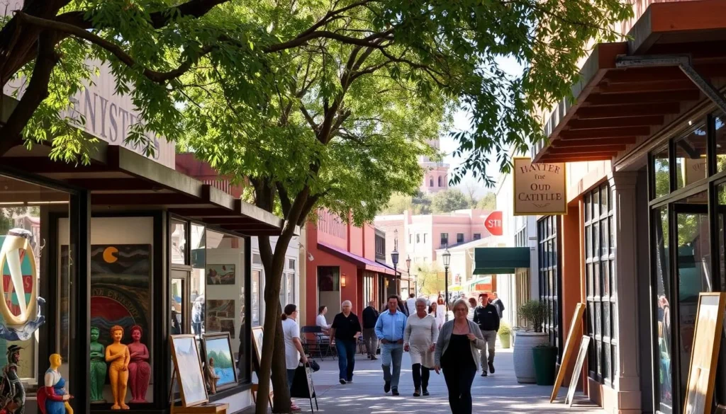 A bustling street in Silver City, New Mexico, lined with vibrant art galleries showcasing local and regional artwork. The sunlight filters through the trees, casting a warm glow on the charming storefronts. In the foreground, colorful sculptures and paintings in the gallery windows invite passersby to step inside and explore the creative energy of the community. The middle ground features people strolling along the sidewalks, pausing to admire the artwork on display. In the background, the historic buildings of Silver City's downtown district provide a picturesque backdrop, hinting at the town's rich cultural heritage. The overall scene conveys a sense of artistic vibrancy and a welcoming atmosphere for art lovers.