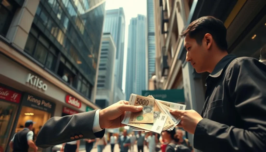 A bustling street in Singapore's vibrant financial district, sun-dappled skyscrapers in the background. In the foreground, a well-dressed individual hands a stack of crisp Singapore dollars to a shopkeeper, their transaction captured in a classic high-angle view. The scene exudes an air of efficiency and modernity, reflecting Singapore's reputation as a global financial hub. The lighting is warm and natural, creating a sense of tranquility amidst the urban setting. The level of detail in the architecture and the people's expressions conveys a sense of authenticity, inviting the viewer to feel immersed in the moment.