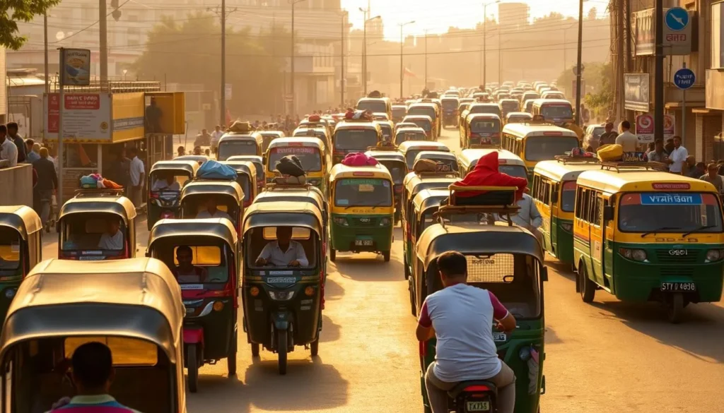 A bustling street in Sylhet city, Bangladesh, with a mix of traditional rickshaws, modern tuk-tuks, and local buses. In the foreground, colorful rickshaws navigate the lively traffic, their passengers eager to reach their destinations. In the middle ground, a fleet of vibrant tuk-tuks weave through the crowd, offering a quick and efficient mode of transport. In the background, larger buses and minivans carry commuters, their roofs adorned with luggage and goods. The scene is illuminated by warm, golden sunlight, casting a welcoming glow over the entire urban landscape. The mood is one of bustling activity and local charm, capturing the essence of Sylhet's diverse transportation options.