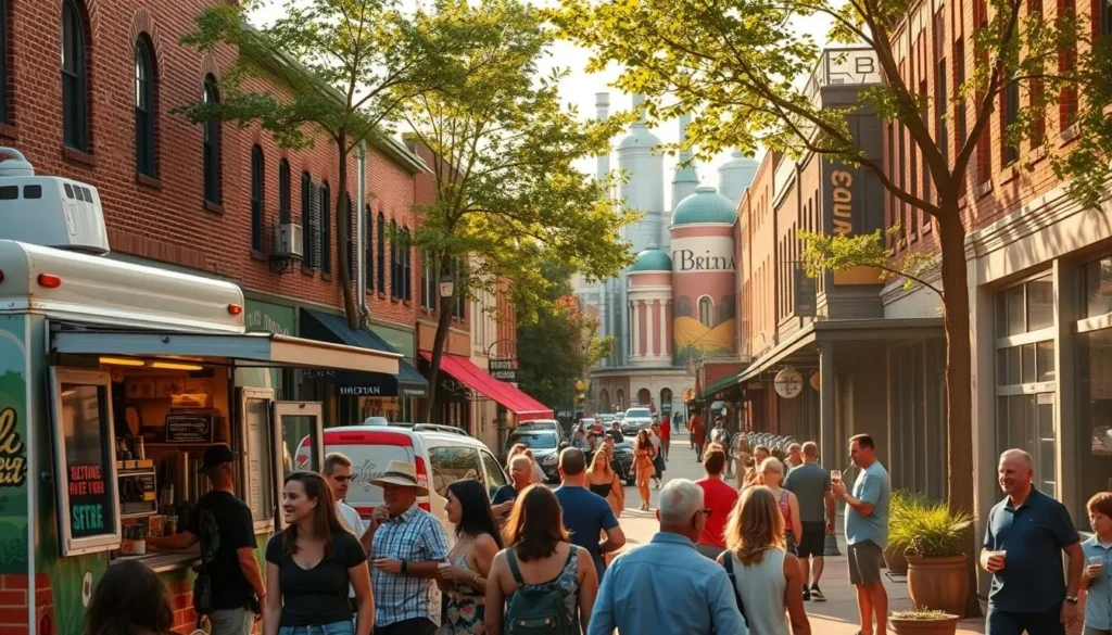 A bustling street in a quaint Midwestern town, lined with brick facades and awning-covered storefronts. In the foreground, a group of locals gather around a food truck, savoring local delicacies and craft beers. The aroma of grilled meats and sizzling veggies fills the air, mingling with the sound of laughter and conversation. In the middle ground, a vibrant mural adorns the side of a building, showcasing the region's agricultural heritage. The background features a row of historic brewery buildings, their towering chimneys a testament to the area's proud brewing tradition. Warm, golden light filters through the trees, casting a cozy glow over the entire scene.