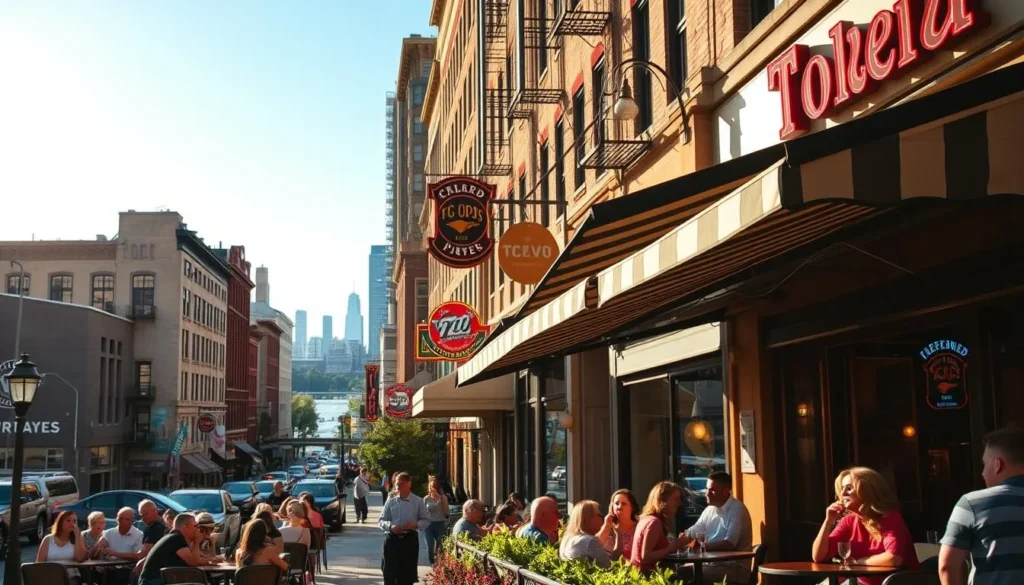 A bustling street in downtown Toledo, Ohio, on a sunny afternoon. In the foreground, an outdoor cafe with people dining at tables under striped awnings, sipping craft cocktails and enjoying local cuisine. In the middle ground, independent restaurants and bars with neon signs and vibrant facades, creating a lively atmosphere. In the background, the iconic Toledo skyline with its historic architecture and the Maumee River glistening in the distance. Warm, golden lighting illuminates the scene, capturing the vibrant and inviting culinary culture of this Midwest city.