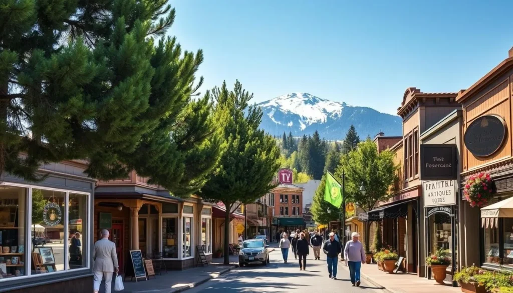 A bustling street in the charming town of Sisters, Oregon, with a row of quaint local shops lining the sidewalks. Bright sunshine filters through towering pines, casting a warm glow over the scene. In the foreground, pedestrians stroll past artisanal boutiques, antique stores, and specialty gift shops, their windows showcasing an array of unique wares. The middle ground features a mix of historic buildings and modern storefronts, their facades adorned with rustic wooden accents and colorful flower boxes. In the background, the majestic Cascade Range rises, its snow-capped peaks providing a picturesque backdrop to the vibrant shopping district.