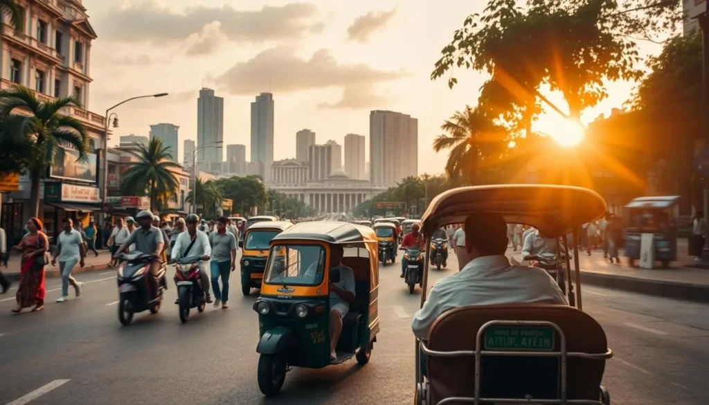 A bustling street in the heart of Colombo, Sri Lanka, where tuk-tuks, the iconic three-wheeled auto-rickshaws, weave through the vibrant traffic. The foreground captures the colorful tuk-tuk in motion, its driver navigating the congested roads with skill. In the middle ground, pedestrians and other vehicles create a lively urban scene, while in the background, the city's skyline, with its blend of colonial and modern architecture, provides a striking backdrop. The warm, golden sunlight filters through, casting a pleasant glow and highlighting the energy of this quintessential Colombo transportation experience.