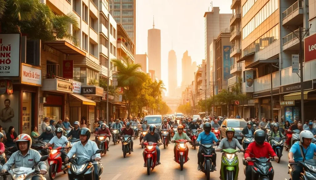 A bustling street in the heart of Ho Chi Minh City, Vietnam, teeming with a vibrant mix of traditional cyclos, modern motorbikes, and the occasional car. The foreground is alive with the rhythmic flow of traffic, weaving through the narrow streets. In the middle ground, colorful storefronts and vendors line the sidewalks, creating a lively atmosphere. The background reveals the towering skyscrapers and iconic landmarks that define the city's skyline, bathed in warm, golden sunlight. The scene captures the energy and dynamism of this thriving metropolitan hub, where the old and new coexist in a captivating harmony.