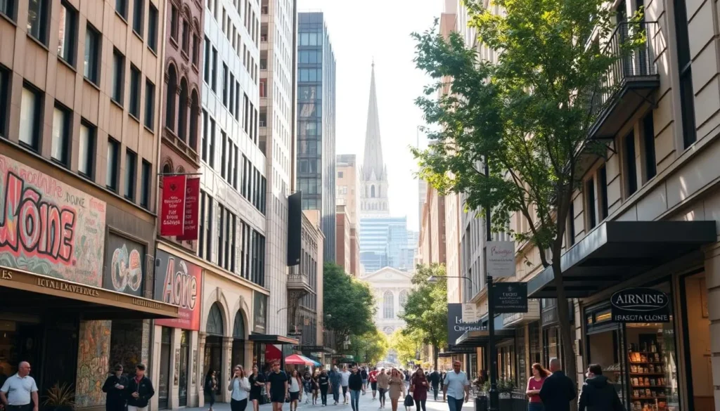 A bustling street in the heart of Melbourne, with a lively mix of modern high-rises and heritage-listed buildings. Pedestrians stroll along the sidewalks, stopping to admire the street art murals adorning the walls. Outdoor cafes and boutique shops line the street, their colorful awnings and inviting displays adding to the vibrant atmosphere. Sunlight filters through the trees, casting a warm glow over the scene. In the distance, the iconic spire of St. Paul's Cathedral rises above the skyline. This is the unique charm of Melbourne, a harmonious blend of old and new, where the city's rich cultural heritage is celebrated alongside its progressive, forward-thinking spirit.
