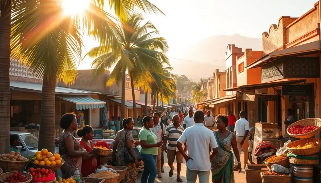 A bustling street in the heart of Nampula, Mozambique, with vibrant local markets, colorful buildings, and friendly pedestrians. The warm, golden sunlight filters through the palm trees, casting a serene glow over the scene. In the foreground, vendors display their wares - baskets of tropical fruits, handcrafted textiles, and spices. A group of people converse animatedly, gesturing as they share local insights and travel tips. The middle ground features a mix of small shops and family-run restaurants, their facades adorned with intricate tilework and decorative metalwork. In the distance, the silhouettes of nearby hills and mountains provide a picturesque backdrop, hinting at the region's natural beauty beyond the city limits.