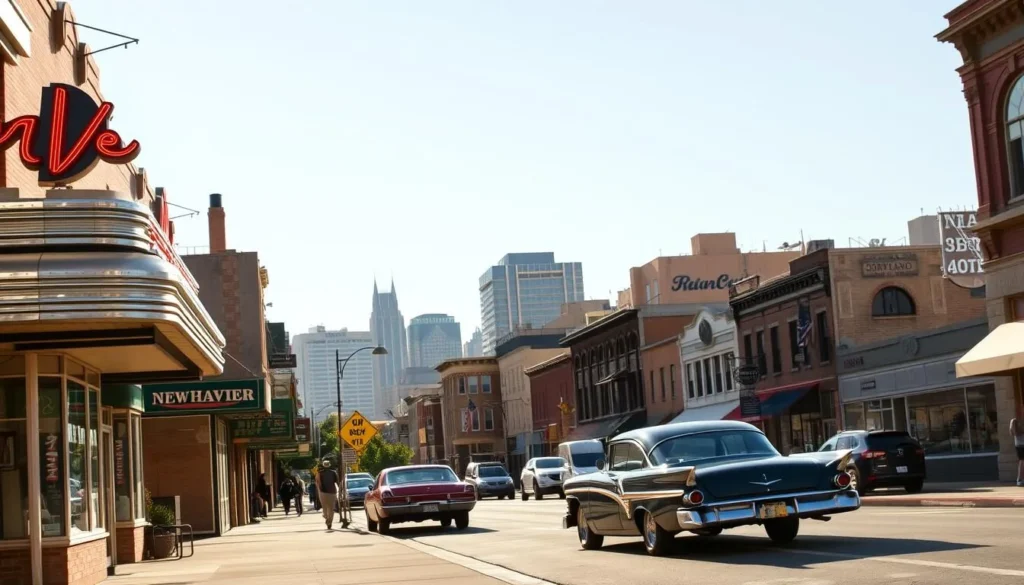 A bustling street in the heart of New Haven, Missouri, bathed in warm afternoon sunlight. Quaint storefronts line the sidewalk, their facades adorned with vintage signs and period-appropriate architectural details. In the foreground, a classic American diner with neon lights and chrome accents beckons passersby. In the middle ground, a vintage car from the 1950s cruises down the street, its gleaming paint and chrome reflecting the sun. In the background, a mix of historic buildings and modern structures create a visually interesting cityscape, hinting at New Haven's rich cultural heritage and its place in film and television history. The scene conveys a sense of nostalgia and small-town charm, inviting the viewer to explore the town's cinematic connections.