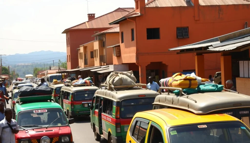 A bustling street scene in Abakaliki, Nigeria, captured on a sunny day. In the foreground, colorful shared taxis and minibuses ferry passengers, their roofs adorned with luggage. Pedestrians navigate the lively sidewalks, while street vendors offer their wares. In the middle ground, traditional Nigerian architecture frames the vibrant transportation hub, its ochre walls and tin roofs bathed in warm, golden light. The background features the silhouettes of distant hills, hinting at the verdant landscapes that surround the city. The overall scene conveys the energy and dynamism of Abakaliki's transportation network, providing a visually engaging depiction of the "Getting Around Abakaliki" section of the article.