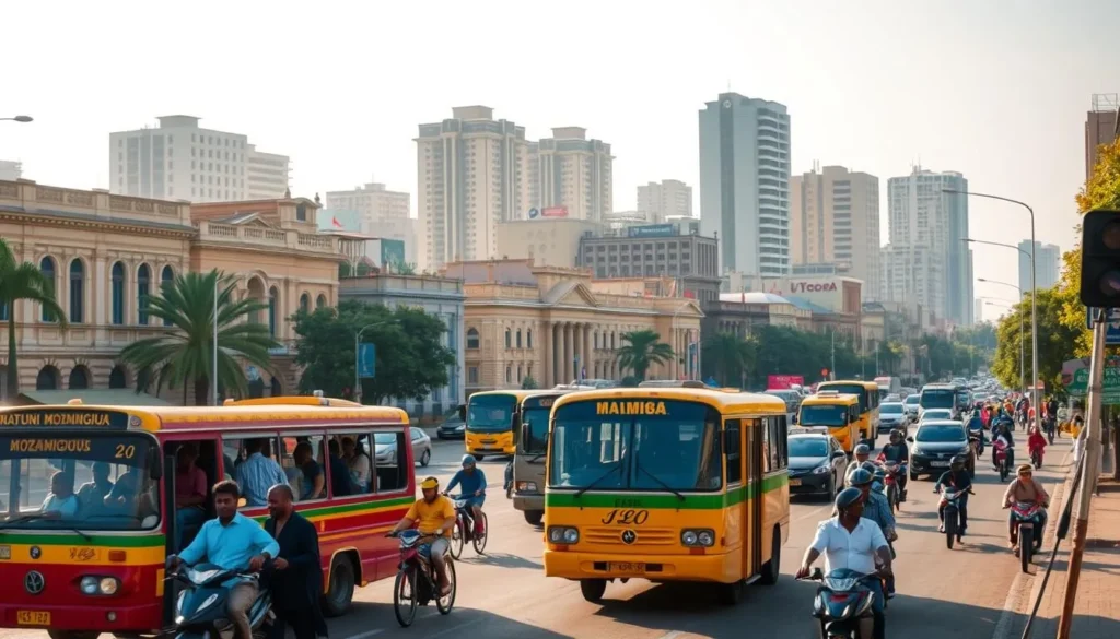 A bustling street scene in Beira, Mozambique, showcasing the city's vibrant transportation landscape. In the foreground, a brightly colored local bus, packed with passengers, navigates the busy roads. Bicycles and motorbikes weave through the traffic, while pedestrians hurry along the sidewalks. In the middle ground, a mix of colonial-style buildings and modern high-rises create a visually striking backdrop. Warm, diffused sunlight bathes the scene, casting long shadows and lending a welcoming, lively atmosphere. The camera captures this dynamic, authentic moment, inviting the viewer to immerse themselves in the everyday rhythms of Beira.