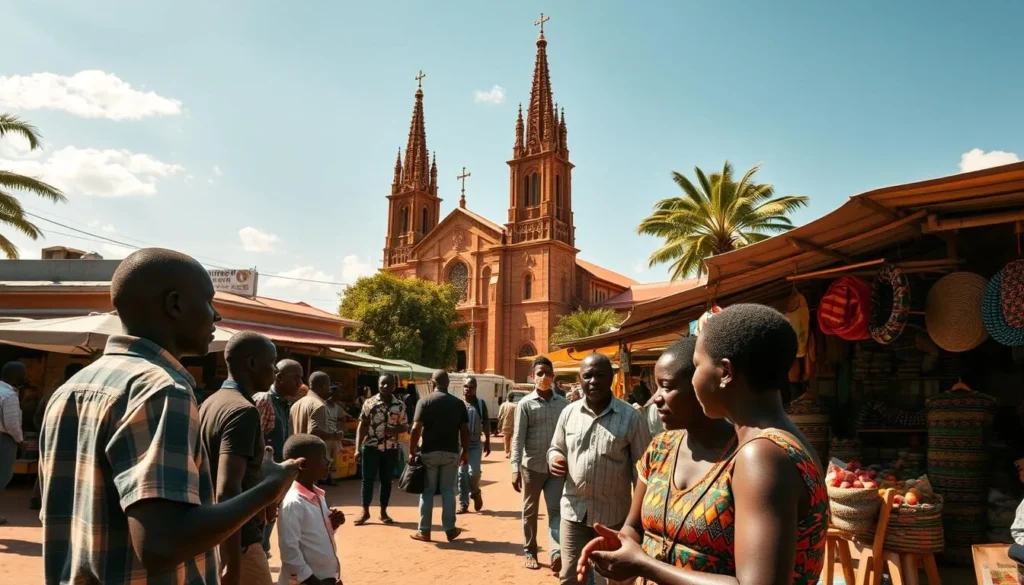 A bustling street scene in Bukavu, Democratic Republic of the Congo, on a sunny afternoon. In the foreground, locals converse animatedly, gesticulating as they exchange goods and ideas. The middle ground features vibrant market stalls offering a diverse array of wares, from handcrafted textiles to fresh produce. In the background, a towering cathedral stands as a testament to the city's rich cultural heritage, its ornate spires reaching towards the azure sky. The warm, golden light bathes the scene, creating a welcoming and inviting atmosphere that captures the essence of language and communication in this vibrant urban center.