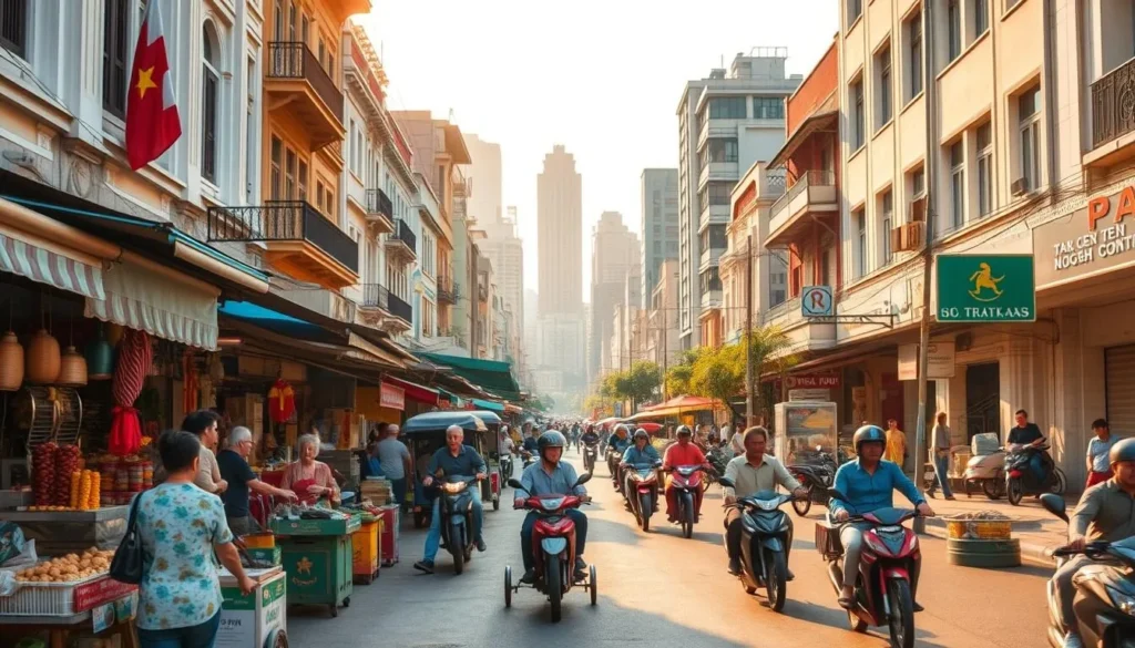 A bustling street scene in Ho Chi Minh City, Vietnam, captures the essence of budget-friendly travel. In the foreground, vendors sell an array of local delicacies, their carts brimming with vibrant colors and tantalizing aromas. Pedestrians navigate the lively sidewalks, weaving between motorbikes and cyclos that glide effortlessly through the sun-dappled lanes. In the middle ground, a mix of colonial-era architecture and modern high-rises creates a visually striking backdrop, reflecting the city's blend of old and new. The warm, golden light of the afternoon casts a welcoming glow, inviting travelers to immerse themselves in the bustling energy and discover the city's hidden gems on a budget-friendly adventure.