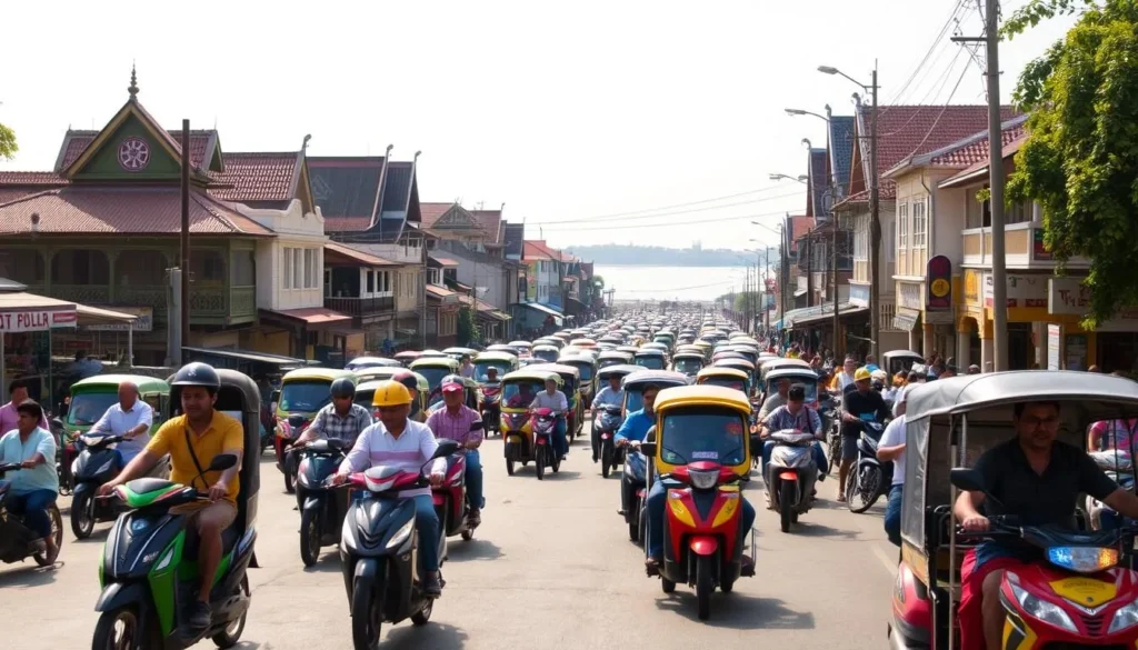 A bustling street scene in Kampong Cham, Cambodia, captured on a sunny day. In the foreground, a colorful mix of motorbikes, tuk-tuks, and bicycles navigate the roads, their riders going about their daily commutes. In the middle ground, traditional Khmer-style buildings line the streets, their intricate architectural details illuminated by the warm, diffused sunlight. In the background, the gentle flow of the Mekong River can be seen, its waters reflecting the vibrant activity of the city. The overall atmosphere conveys the lively and dynamic nature of transportation in this historic riverside town.