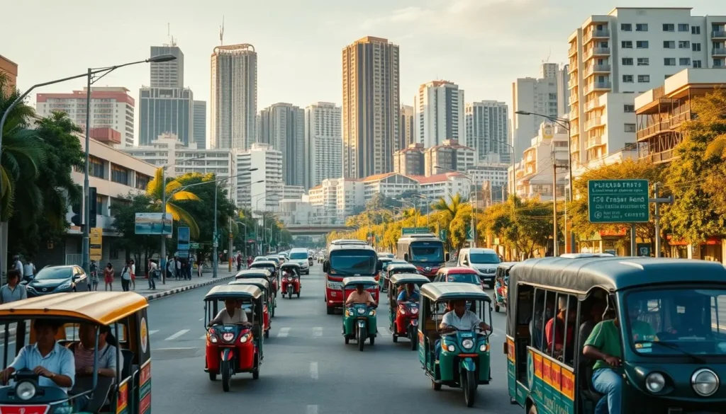 A bustling street scene in Mandaluyong, Philippines, capturing the dynamic transportation network. In the foreground, colorful jeepneys and tricycles navigate the busy roads, their passengers embarking and disembarking. The middle ground features pedestrians walking along the sidewalks, while in the background, high-rise buildings and residential structures create an urban skyline bathed in warm, golden sunlight. The scene conveys the lively, efficient, and accessible nature of Mandaluyong's transportation options, supporting the vibrant day-to-day life of the city.