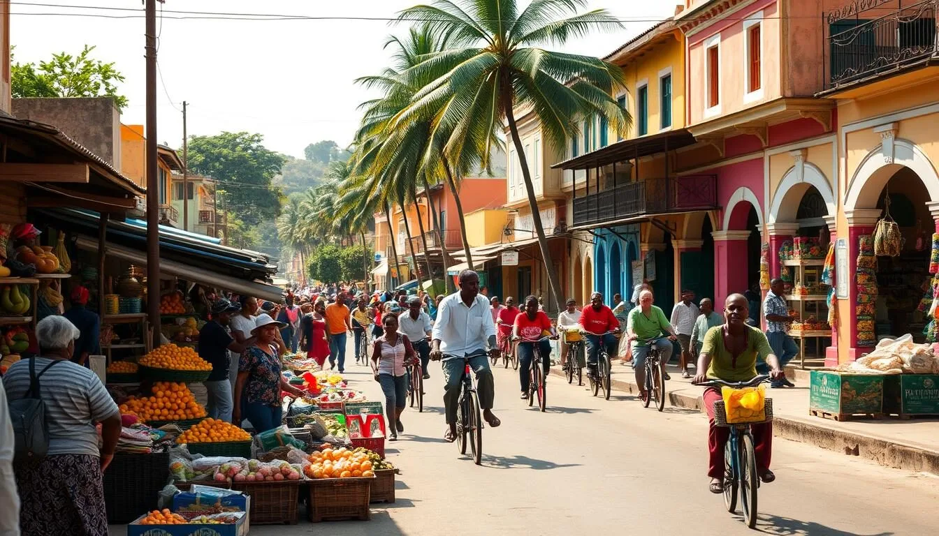 A bustling street scene in Matola, Mozambique, showcasing the vibrant local activities. In the foreground, vendors sell an array of colorful fruits, vegetables, and handcrafted goods. Pedestrians and cyclists navigate the lively atmosphere, creating a sense of energy and community. In the middle ground, traditional buildings with vibrant facades line the street, their architectural details illuminated by warm, natural sunlight. In the background, a glimpse of the surrounding lush greenery and towering palm trees, adding to the tropical ambiance. The overall mood is one of liveliness, cultural richness, and a deep connection to the local way of life.