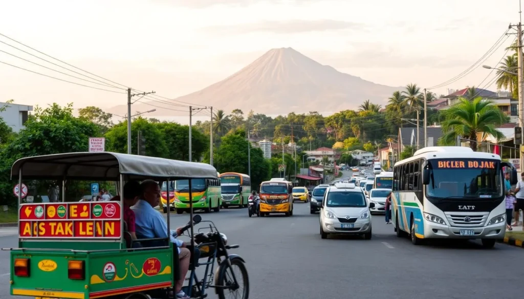 A bustling street scene in Tagaytay city, the picturesque mountain town overlooking Taal Volcano. In the foreground, a vibrant tricycle weaves through traffic, its colorful paint and decals standing out against the lush greenery. In the middle ground, a mix of commuter jeepneys and modern buses transport passengers up and down the winding roads. In the background, the majestic Taal Lake and volcano provide a stunning natural backdrop, bathed in warm, golden light. The atmosphere is lively, with pedestrians and vendors adding to the energy of the urban landscape. Capture the dynamic transportation options that connect Tagaytay to the surrounding region.