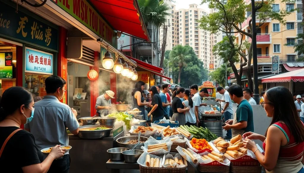 A bustling street scene in a vibrant Vietnamese neighborhood, with colorful shop fronts and sizzling street food stalls. In the foreground, a group of people enjoying a delightful array of local delicacies - fragrant pho noodle soup, crisp spring rolls, and steaming banh mi sandwiches. The middle ground showcases the diverse culinary offerings, with vendors skillfully preparing dishes using traditional methods. In the background, towering apartment buildings and lush greenery create a lively, authentic atmosphere. Warm, natural lighting casts a inviting glow over the entire scene, capturing the vibrant energy and delectable flavors of Vietnamese cuisine.