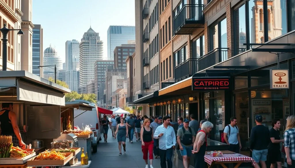 A bustling street scene in downtown Winnipeg, Canada, on a sunny afternoon. In the foreground, a variety of food stalls and food trucks offer an array of local and international cuisine, from sizzling kebabs to fresh seafood and craft beers. In the middle ground, people stroll along the vibrant sidewalks, peering into the windows of lively cafes and trendy restaurants. The background features the iconic skyline of Winnipeg, with its blend of modern high-rises and historic architecture. The scene is bathed in warm, golden light, creating a welcoming and inviting atmosphere for food lovers to explore the diverse culinary delights of the city.