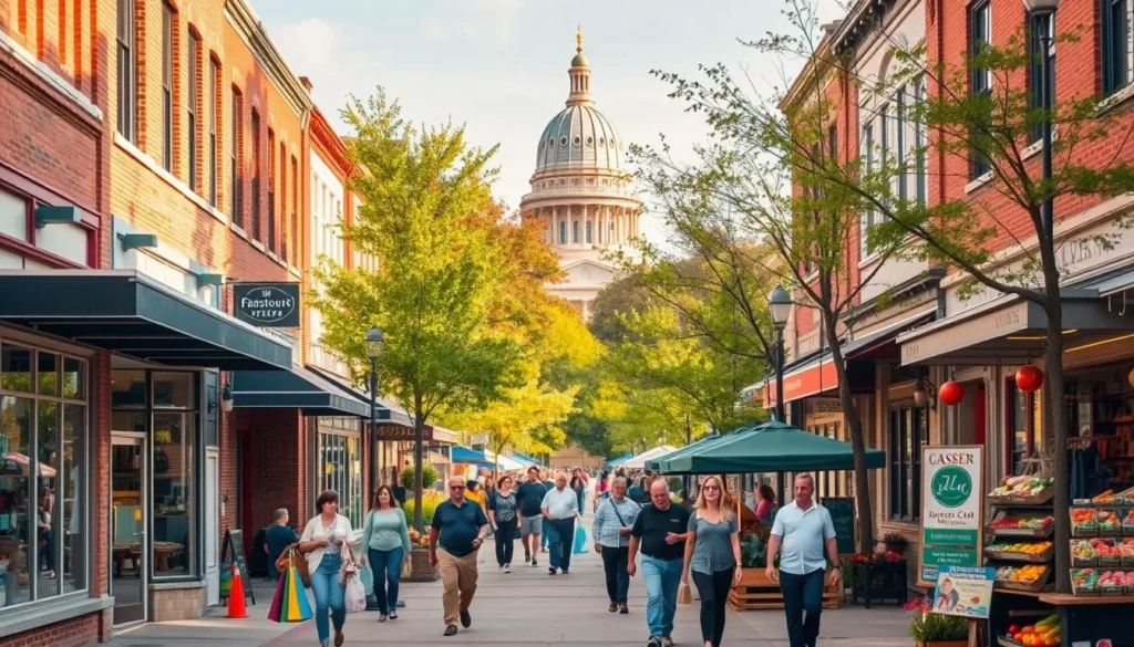 A bustling street scene in the heart of Jefferson City, Missouri, showcasing the vibrant local shopping district. In the foreground, a mix of independent boutiques, specialty shops, and artisanal cafes line the sidewalks, their inviting storefronts beckoning passersby. People stroll leisurely, carrying colorful shopping bags and admiring the charming window displays. The middle ground features a lively farmers' market, with vendors selling fresh produce, handcrafted goods, and local delicacies. In the background, the state capitol building stands tall, its grand architecture and manicured gardens adding to the picturesque setting. Warm, natural lighting filters through the trees, creating a welcoming and vibrant atmosphere that captures the essence of the city's thriving shopping scene.