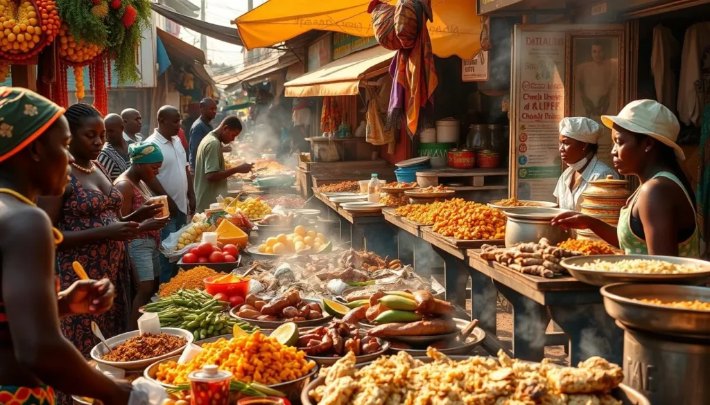 A bustling street scene in the heart of Kumasi, Ghana, showcasing the vibrant local cuisine. In the foreground, vendors hawk an array of fresh produce, from fragrant spices to ripe tropical fruits. In the middle ground, charcoal-grilled meats sizzle, filling the air with mouthwatering aromas. Behind them, a row of colorful stalls offer an enticing selection of traditional Ghanaian dishes, from hearty jollof rice to rich groundnut soup. The sun casts a warm, golden glow over the scene, highlighting the energy and vibrancy of this lively food market. A sense of community and culinary tradition pervades the atmosphere, inviting the viewer to imagine the tastes and textures of this quintessential Kumasi experience.