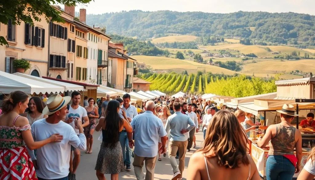 A bustling summer festival in the picturesque Rhône Valley of France. In the foreground, revelers dance to the lively music of a local band, their colorful costumes and joyful expressions capturing the spirit of the occasion. The middle ground reveals rows of artisanal food stalls, their aromas wafting through the air, tempting passersby. In the background, historic buildings and rolling vineyards provide a stunning natural backdrop, bathed in the warm, golden light of a summer afternoon. The scene exudes a sense of community, tradition, and the vibrant energy of a region celebrating its cultural heritage.