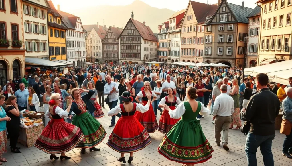 A bustling town square in Basel, Switzerland, during a lively cultural festival. In the foreground, performers in vibrant traditional costumes dance to the rhythmic beats of live music. In the middle ground, vendors sell handcrafted goods and local delicacies, while crowds of people mingle and enjoy the festivities. The background is filled with the picturesque architecture of Basel's historic buildings, bathed in warm, golden sunlight. The atmosphere is one of joy, celebration, and a deep appreciation for the city's rich cultural heritage.