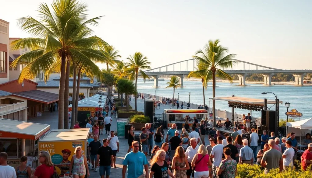 A bustling town square in Cape Coral, Florida, bathed in warm, golden afternoon sunlight. In the foreground, locals and visitors alike stroll along the picturesque promenade, browsing craft vendors and food trucks. The middle ground showcases a lively stage, where musicians perform on a live music festival, the crowd swaying and clapping along. In the background, the iconic Cape Coral Bridge spans the serene Caloosahatchee River, framed by palm trees swaying gently in the soft breeze. The atmosphere is one of vibrant community, joyful celebration, and the quintessential Florida coastal lifestyle.