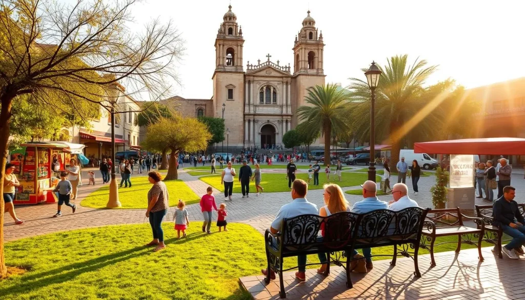 A bustling town square in Chihuahua, Mexico, bathed in warm, golden sunlight. Families stroll along the cobblestone paths, children playing on the lush, green grass, while street vendors offer colorful local treats and handicrafts. In the background, the grand Cathedral of Chihuahua stands tall, its intricate architecture and bell towers adding to the charming, historic ambiance. Couples sit on ornate, wrought-iron benches, enjoying the vibrant atmosphere and lively street performers. The scene captures the vibrant, family-friendly spirit of Chihuahua's city center, inviting visitors to immerse themselves in the rich cultural tapestry of this enchanting Mexican destination.