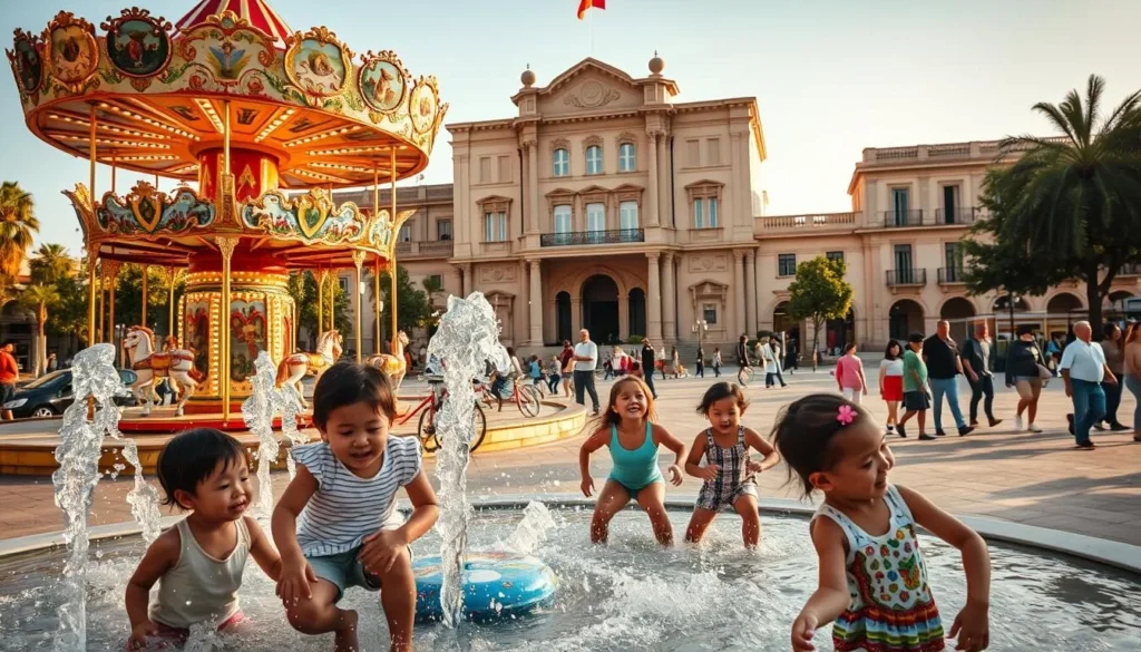 A bustling town square in Hermosillo, Mexico, filled with family-friendly attractions. In the foreground, children play on a colorful, interactive fountain, their laughter echoing through the air. In the middle ground, a vibrant carousel spins, its painted horses and twinkling lights captivating onlookers. In the background, a grand, historical building stands, its architecture a testament to the city's rich cultural heritage. The scene is bathed in warm, golden sunlight, creating a cozy, inviting atmosphere that beckons visitors to explore and enjoy the delights of this family-friendly destination.