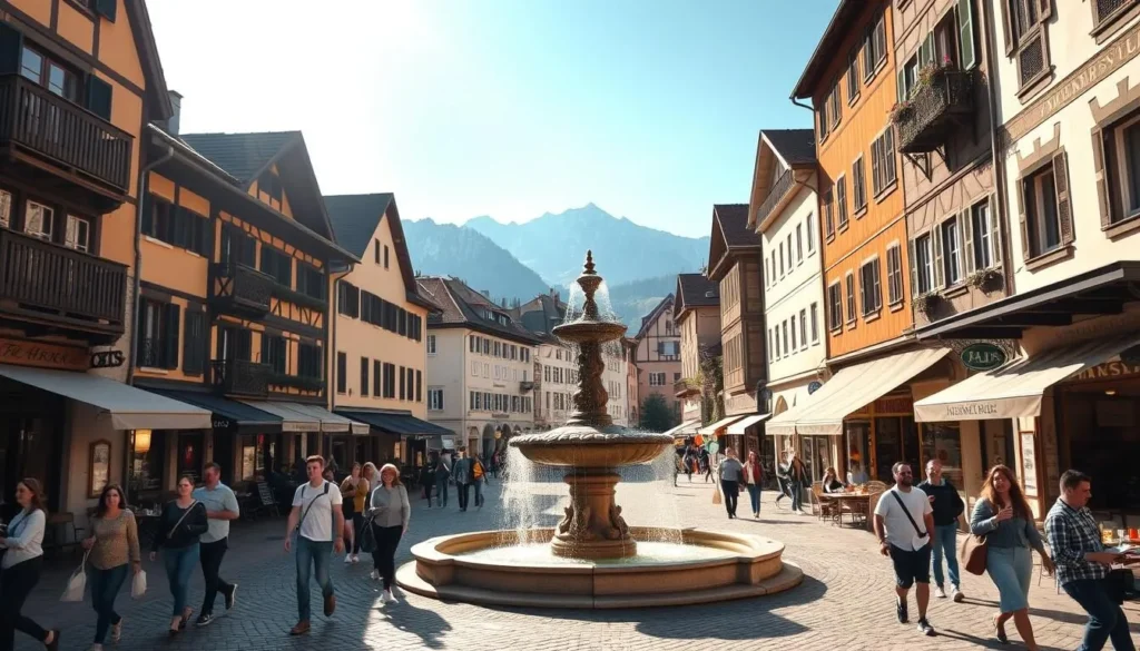 A bustling town square in Interlaken, Switzerland, bathed in warm afternoon sunlight. The picturesque medieval architecture frames a lively scene, with locals and tourists strolling past charming cafes and boutiques. Cobblestone streets lead the eye towards the snow-capped peaks of the Jungfrau and Eiger mountains, visible in the distance. Pedestrians casually window-shop, sip coffee, and chat with friends, creating a vibrant, relaxed atmosphere. The focal point is a grand, ornate fountain at the center of the square, its cascading water glistening in the sunlight. Warm, golden tones and soft shadows accentuate the historic, inviting ambiance of this quintessential Swiss town center.