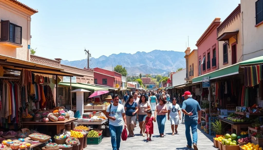 A bustling town square in Pachuca, with vibrant local markets, street vendors, and families strolling through the cobblestone streets. In the foreground, a colorful array of handcrafted artisanal goods, traditional Mexican textiles, and fresh produce spills out from the makeshift stalls. In the middle ground, locals and tourists mingle, enjoying the warm sunshine and lively atmosphere. In the background, the majestic Sierra de Pachuca mountains rise up, providing a stunning natural backdrop. The scene is captured with a wide-angle lens, showcasing the energy and vibrancy of this budget-friendly hub of activity.