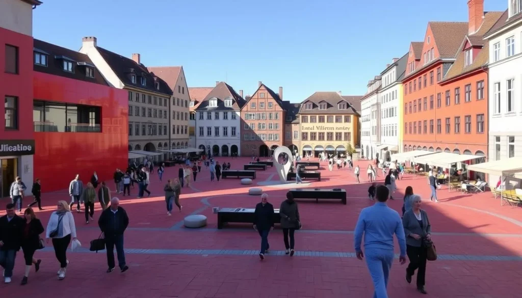 A bustling town square in St. Gallen, Switzerland, known as the "Red Square" or Stadtlounge. The vibrant red paving stones and modern architecture create a striking visual contrast against the surrounding historic buildings. A warm, sunny day casts long shadows across the square, inviting visitors to explore the unique public space. In the foreground, people stroll leisurely, pausing to admire the eye-catching design. In the middle ground, benches and sculptures dot the plaza, providing spots to rest and observe the lively activity. The background features the iconic facades of St. Gallen's Old Town, a UNESCO World Heritage site, framing the scene. An atmosphere of urban tranquility and civic pride pervades the Red Square, making it a must-see destination for any visitor to this charming Swiss city.