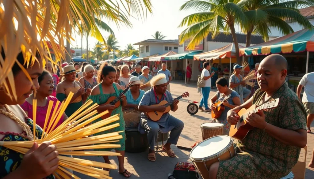A bustling town square in Tuvalu, the people busily preparing for a vibrant cultural festival. In the foreground, locals weave intricate palm frond decorations, their deft fingers a blur. In the middle ground, musicians tune their ukuleles and drums, their lively melodies already filling the air. In the background, colorful stalls selling traditional crafts and delicacies are being set up, inviting visitors to explore the island's rich heritage. Warm sunlight bathes the scene, casting a golden glow and accentuating the festive atmosphere. A sense of joyful anticipation permeates the air as the community comes together to celebrate their unique identity.