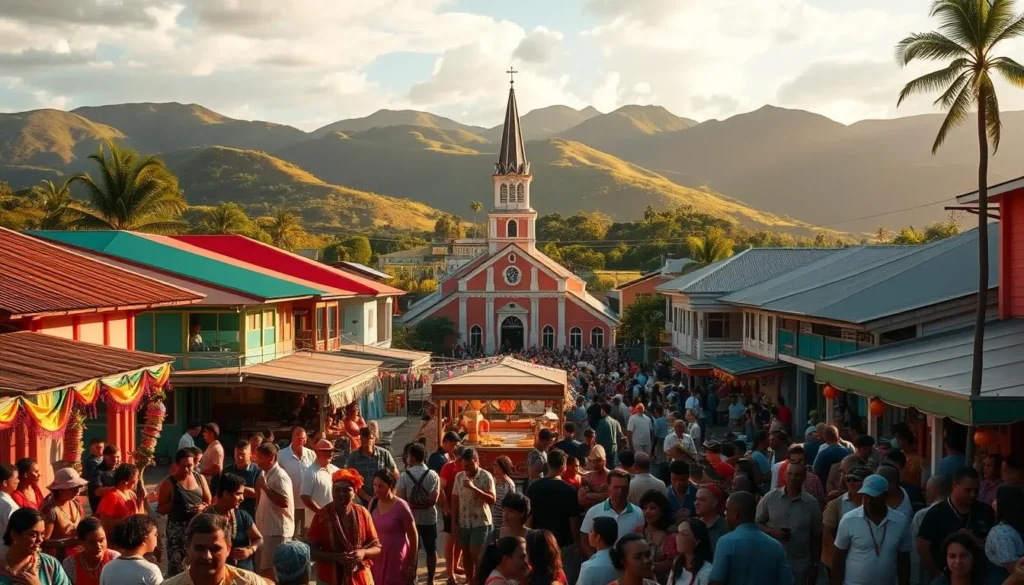 A bustling town square in Wallis and Futuna, surrounded by colorful traditional buildings and decorated with vibrant banners and garlands. In the foreground, a lively crowd of locals and visitors engage in traditional dances, music, and festive activities. The middle ground features food stalls and vendors offering unique regional delicacies. In the background, a towering church spire and rolling hills create a picturesque backdrop, bathed in warm, golden afternoon sunlight. The overall atmosphere exudes a sense of cultural celebration and community.