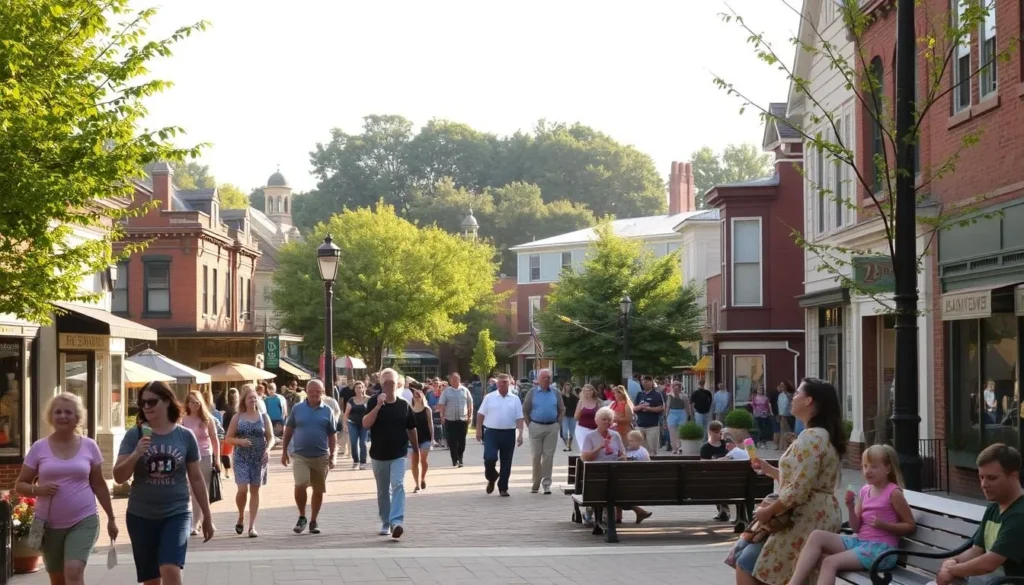 A bustling town square in Yellow Springs, Ohio, on a sunny afternoon. In the foreground, a group of visitors strolling along the sidewalks, admiring the vibrant local shops and galleries. In the middle ground, families gather on benches, enjoying ice cream cones and chatting. The background features the iconic, historic architecture of the village, with a blend of quaint storefronts and lush, verdant trees lining the streets. Soft, warm lighting casts a golden glow over the scene, creating a welcoming and inviting atmosphere. The overall mood is one of relaxation, exploration, and small-town charm.