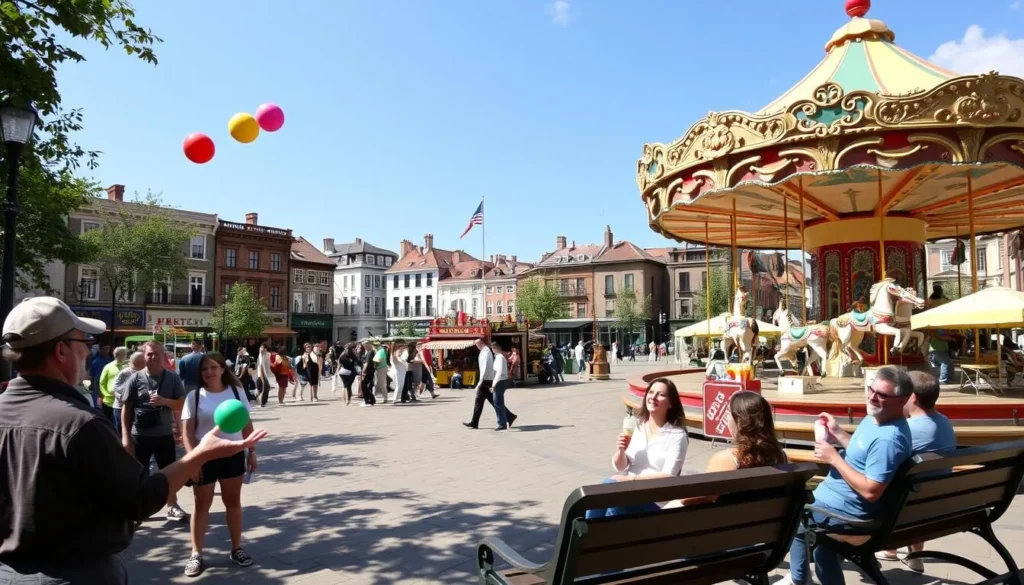 A bustling town square on a sun-dappled afternoon, with a lively assortment of entertainment options for visitors to explore. In the foreground, a street performer juggles colorful balls, captivating a crowd of onlookers. Nearby, a group of friends relax on park benches, enjoying ice cream cones and lively conversation. In the middle ground, a charming carousel spins, its vibrant horses and gentle music beckoning passersby. In the background, historic buildings and quaint shops line the streets, hinting at the diverse experiences waiting to be discovered. The scene exudes a sense of community, energy, and the promise of a delightful day trip.