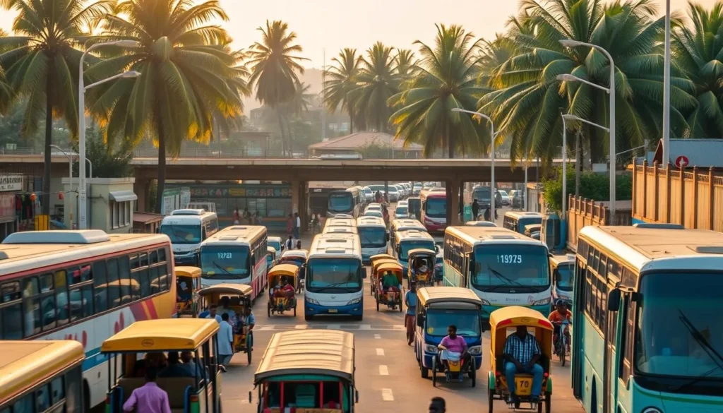 A bustling transportation hub in Sekondi-Takoradi, Ghana, showcasing a vibrant mix of modern buses, tro-tros (shared minivans), and traditional hand-pulled carts. In the foreground, pedestrians navigate the lively streets, while colorful market stalls and storefronts line the sidewalks. The middle ground features a well-maintained bus terminal, where commuters board their daily rides. In the background, towering palm trees sway gently, and the warm, golden sunlight casts a pleasant glow over the entire scene, creating a welcoming and energetic atmosphere.