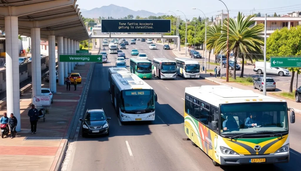 A bustling transportation hub in Vereeniging, South Africa, captured on a pleasant day. Showcase various modes of transportation - a modern bus station, private vehicles on the streets, and pedestrians navigating the walkways. Capture the vibrancy of the city, with a focus on the efficient and well-connected infrastructure that allows for easy access to Vereeniging. Utilize natural lighting to create a warm, inviting atmosphere, and consider a slightly elevated camera angle to provide a comprehensive view of the scene. Emphasize the accessibility and convenience of getting to this dynamic South African destination.