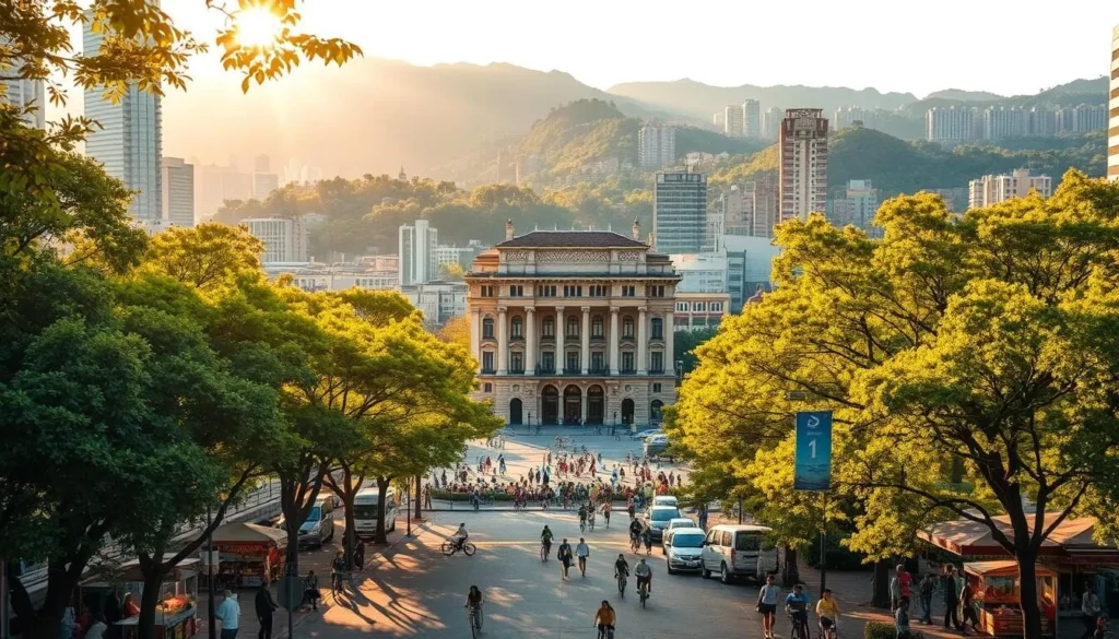 A bustling urban landscape with towering skyscrapers and modern high-rises nestled against a backdrop of lush, rolling hills. In the foreground, a wide, tree-lined boulevard teems with pedestrians, cyclists, and an array of vibrant street vendors offering local delicacies. The warm, golden sunlight filters through the leaves, casting a gentle glow over the scene. In the middle ground, a grand, Neo-Classical-style building stands prominently, its ornate facade exuding a sense of cultural significance. The overall atmosphere is one of energy, dynamism, and a harmonious blend of urban and natural elements, embodying the essence of Yongin as a thriving entertainment hub.