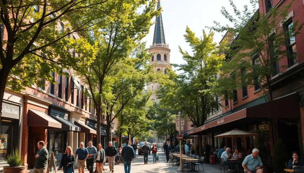 A bustling urban scene in Saint Paul, Minnesota, showcasing the vibrant neighborhoods. Capture the quaint charm of historic brownstone buildings lining tree-lined streets, with locals strolling past charming shops and cafes. Render the interplay of natural and man-made elements - sunlight filtering through lush foliage, reflecting off the facades. Depict a lively sidewalk café, where patrons enjoy local cuisine and engage in lively conversation. In the background, glimpse the iconic Cathedral of Saint Paul, its spires reaching skyward. Imbue the overall atmosphere with a sense of community, warmth, and the unique character that defines Saint Paul's distinct neighborhoods.