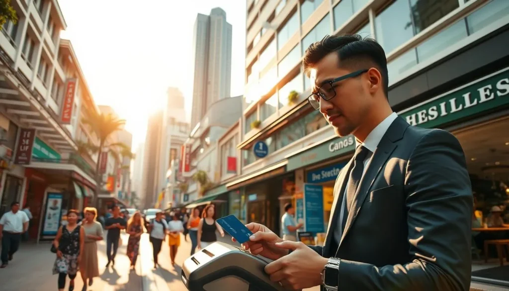A bustling urban street in Singapore, bathed in warm afternoon sunlight. In the foreground, a smartly dressed local resident effortlessly taps their contactless card on a sleek payment terminal, seamlessly completing a transaction. Middle ground showcases a diverse array of shops and cafes, their storefronts adorned with signage advertising cashless options. The background features towering skyscrapers and modern architecture, conveying Singapore's reputation as a technology-forward, efficient city. The overall scene captures the seamless integration of digital payments into the daily life of Singaporeans, a practical shock for first-time visitors accustomed to more cash-centric societies.