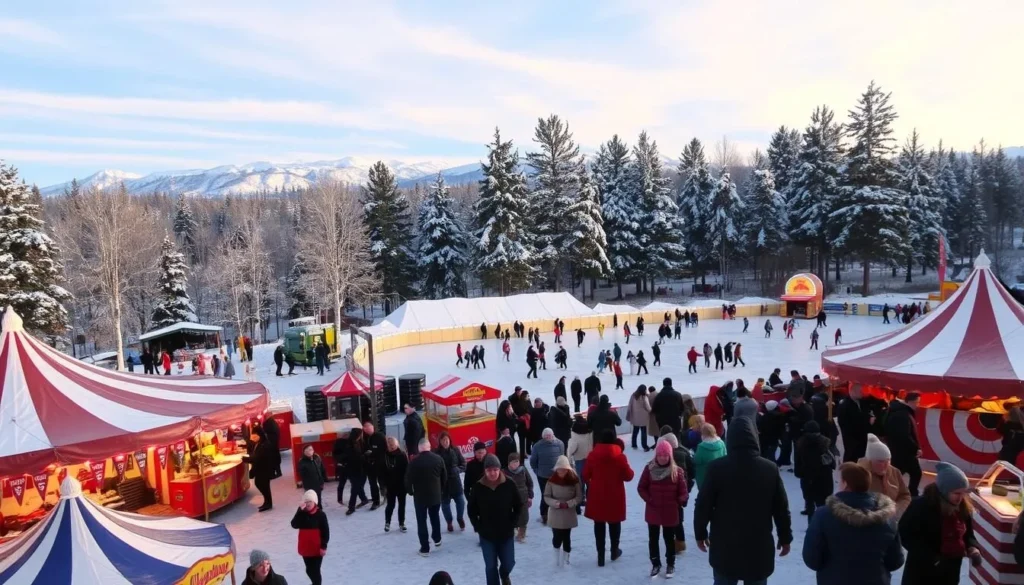 A bustling winter carnival set against the backdrop of a snow-capped landscape. In the foreground, a lively fairground with vibrant tents, food stalls, and carnival rides. People bundled in warm winter attire stroll through the festive atmosphere, laughter and cheer filling the air. In the middle ground, an ice skating rink where graceful figures glide across the frozen surface. The background features towering pines, their branches heavy with fresh snow, and a clear, crisp sky streaked with soft pastel hues. Bright, warm lighting illuminates the scene, creating a cozy and inviting ambiance. Capture the essence of a quintessential winter celebration in this picturesque setting.
