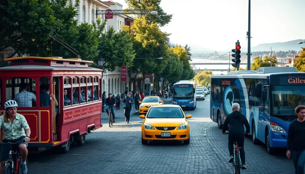 A busy street in Valdivia, Chile, with a diverse array of local transportation options. In the foreground, a bright red and yellow trolley bus navigates the cobblestone roads, its passengers gazing out the windows. Bicyclists weave through the traffic, while pedestrians stroll along the sidewalks, taking in the charming architecture and lush greenery that line the street. In the middle ground, a taxi idles at a stoplight, and a local bus rumbles past, its exterior adorned with the city's emblematic blue and white colors. The background features the majestic Calle-Calle River, its serene waters reflecting the clear sky above. The scene is bathed in warm, natural lighting, conveying a sense of vibrant, welcoming energy in this picturesque Chilean city.
