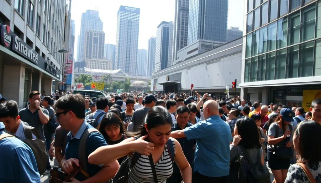A busy street scene in Singapore, bustling with people hurrying about their day. In the foreground, a group of pedestrians jostling to get ahead, elbows out and eyes narrowed in a competitive frenzy. Midground, a queue snakes around the block, each person guarding their place fiercely. In the background, towering skyscrapers loom, casting long shadows over the frenetic activity below. The lighting is crisp and clear, amplifying the sense of urgency. Capture the quintessential "kiasu" mentality - the fear of losing out - that pervades Singaporean culture, where every moment is a race against time and everyone else.