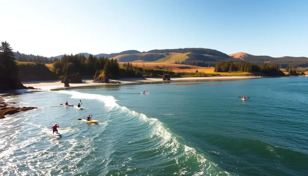 A captivating coastal scene unfolds, where the sparkling azure waters of the Pacific Ocean meet the rugged cliffs and sandy shores of Brookings, Oregon. In the foreground, a group of adventurous souls engage in thrilling water sports, their kayaks and stand-up paddleboards gliding effortlessly through the gentle waves. The middle ground showcases the serene river, its calm, meandering flow inviting tranquil activities like canoeing and fishing. In the background, the lush, verdant forests and rolling hills create a picturesque backdrop, bathed in the warm, golden glow of the sun. The overall scene exudes a sense of peaceful outdoor exploration, perfectly capturing the essence of the "Water Sports and River Activities" section.