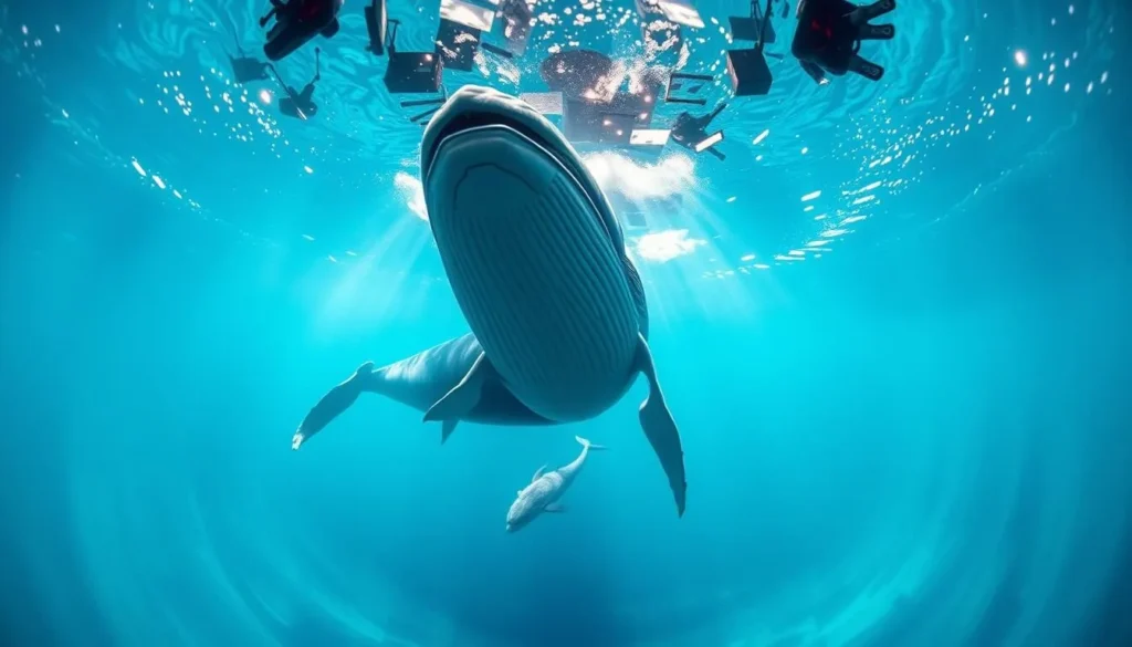 A captivating, immersive 3D display showcases a majestic humpback whale gracefully gliding through crystal-clear waters. Dazzling underwater lighting illuminates the whale's sleek, hydrodynamic form as it effortlessly navigates the tranquil, azure environment. Vibrant, realistic textures and meticulously rendered details capture the whale's powerful yet serene presence. Dramatic camera angles and a cinematic, larger-than-life perspective immerse the viewer in the awe-inspiring "sphere experience," transporting them to the depths of the Pacific Ocean off the coast of Maui. A serene, mesmerizing atmosphere evokes a sense of wonder and connection with the natural world.