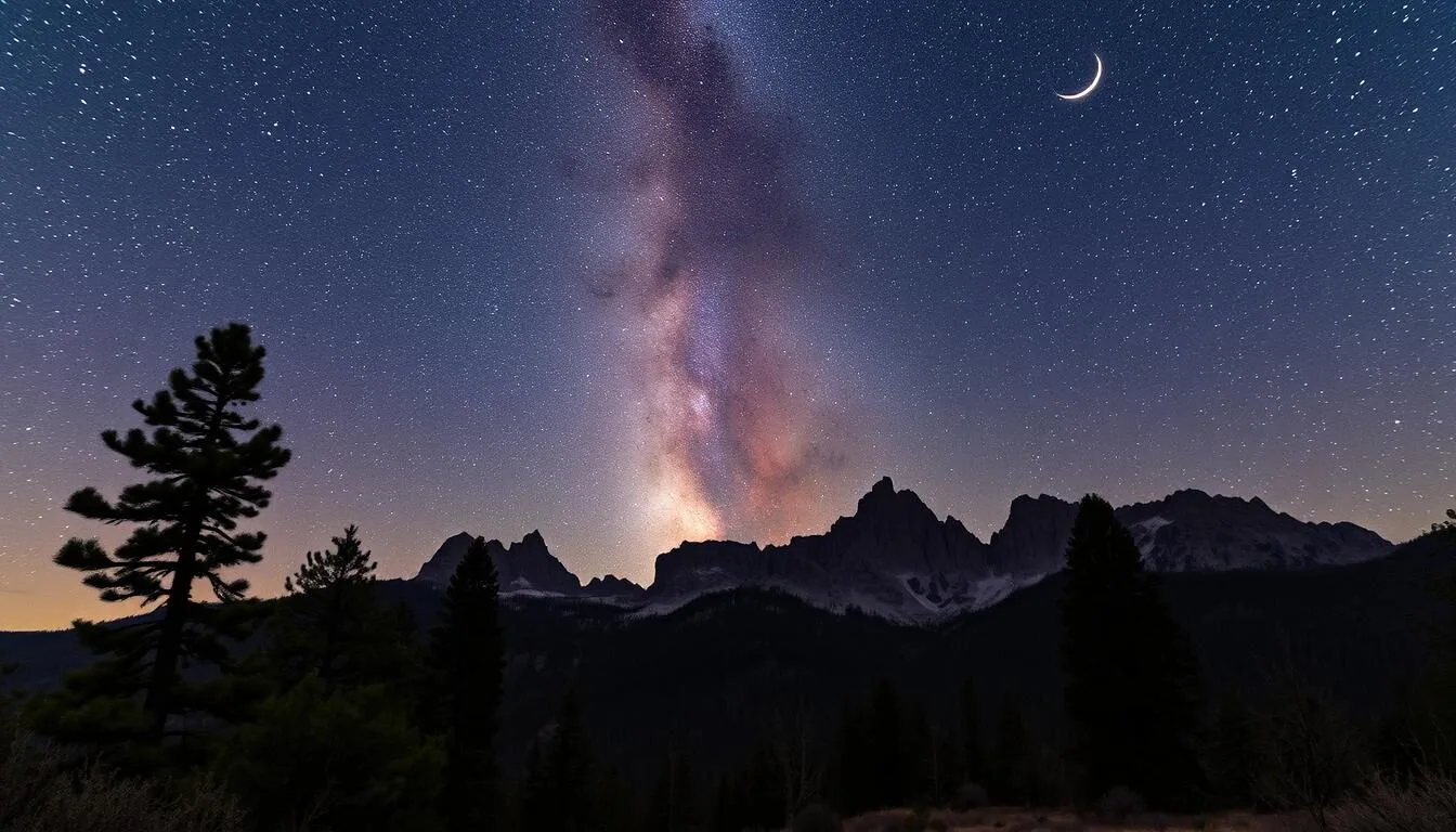 A captivating night sky over the majestic La Panza Range in central California. The Milky Way galaxy shimmers above rugged mountain peaks, casting a serene glow over the landscape. Towering pine trees stand as silent sentinels, their branches reaching up towards the celestial tapestry. A lone coyote howls in the distance, its plaintive call echoing through the still air. The scene is bathed in the soft, cool light of a crescent moon, creating an atmosphere of tranquility and wonder. This is a place of true solace, where the boundless mysteries of the universe can be contemplated under the infinite expanse of the night sky.